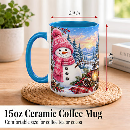 #pl[15oz|Blue] Pink Snowman Coffee Mug, Cozy Winter Mug, Ceramic Cup