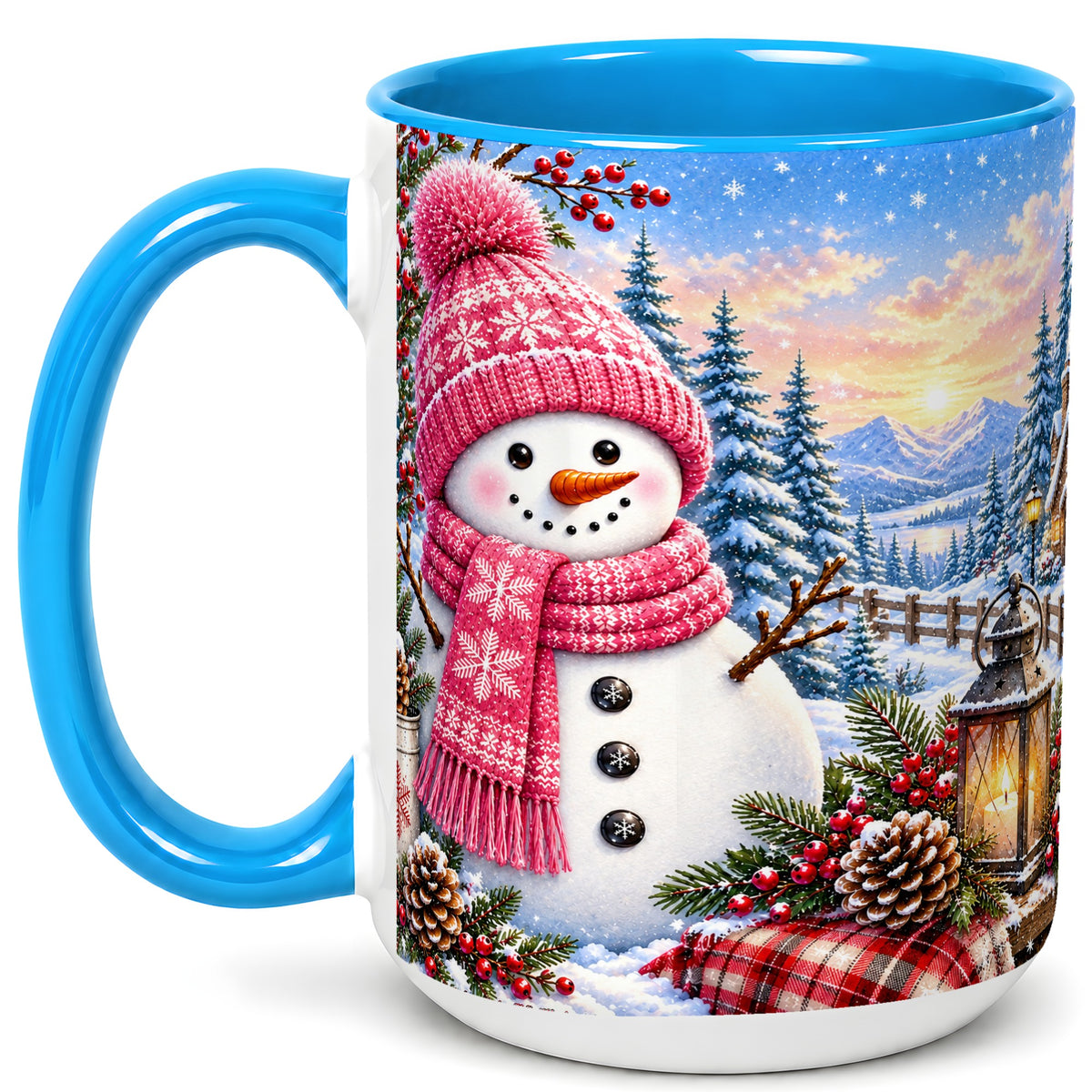 #pl[15oz|Blue] Pink Snowman Coffee Mug, Cozy Winter Mug, Ceramic Cup
