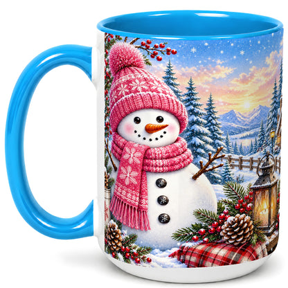 #pl[15oz|Blue] Pink Snowman Coffee Mug, Cozy Winter Mug, Ceramic Cup