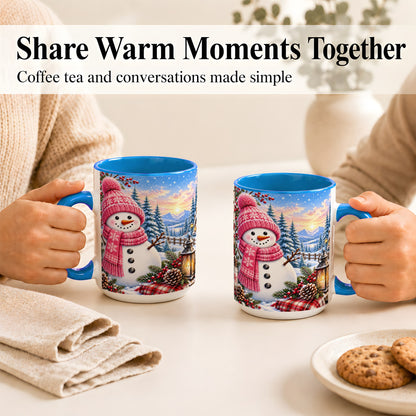#pl[15oz|Blue] Pink Snowman Coffee Mug, Cozy Winter Mug, Ceramic Cup