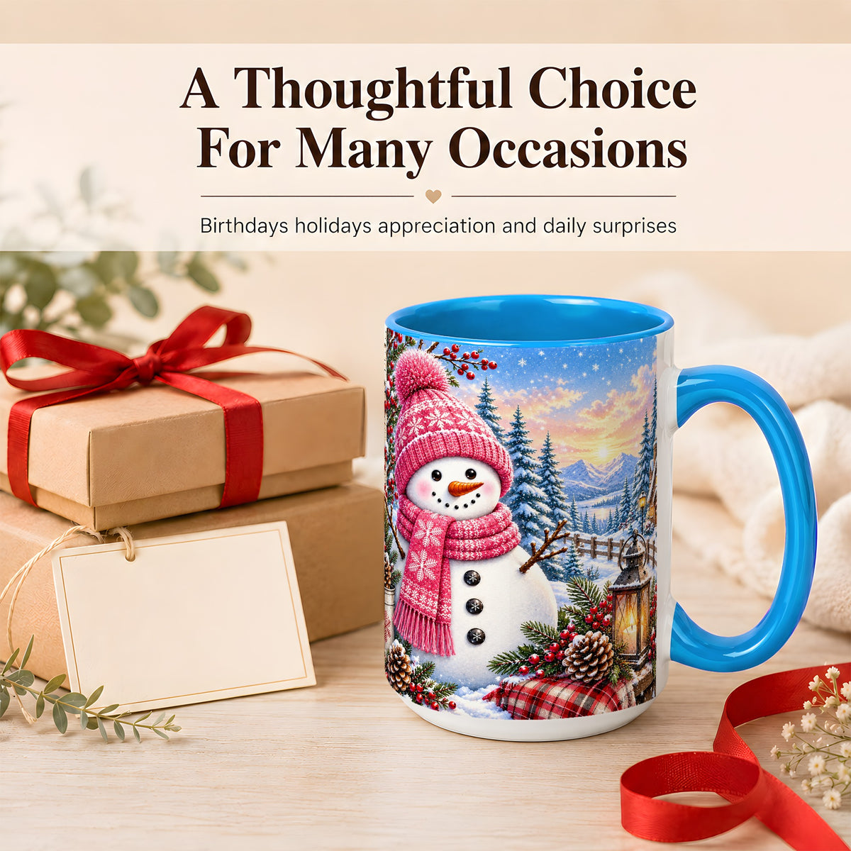 #pl[15oz|Blue] Pink Snowman Coffee Mug, Cozy Winter Mug, Ceramic Cup