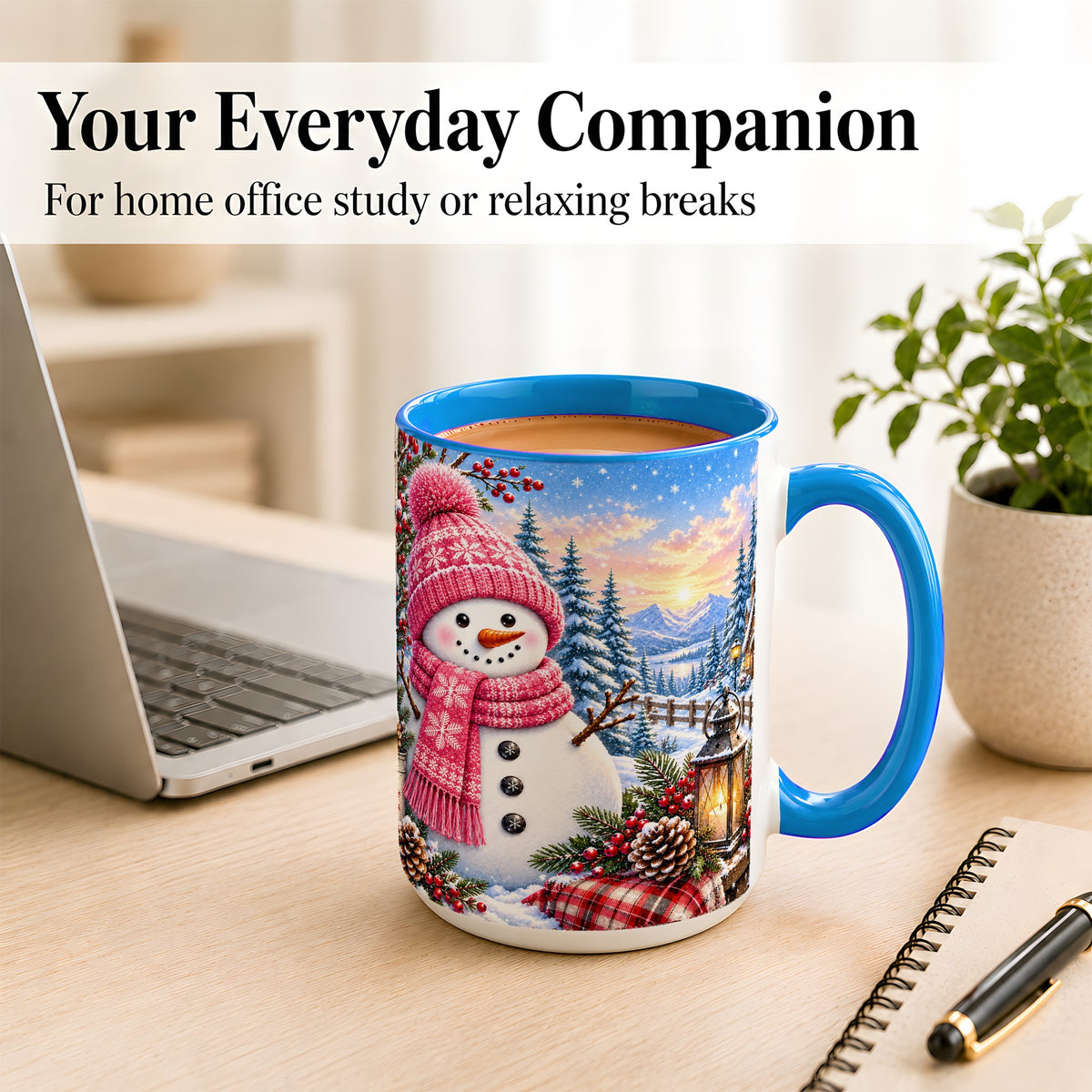#pl[15oz|Blue] Pink Snowman Coffee Mug, Cozy Winter Mug, Ceramic Cup