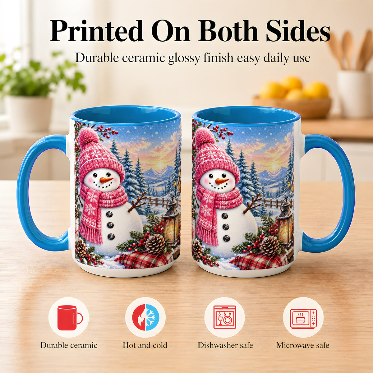 #pl[15oz|Blue] Pink Snowman Coffee Mug, Cozy Winter Mug, Ceramic Cup