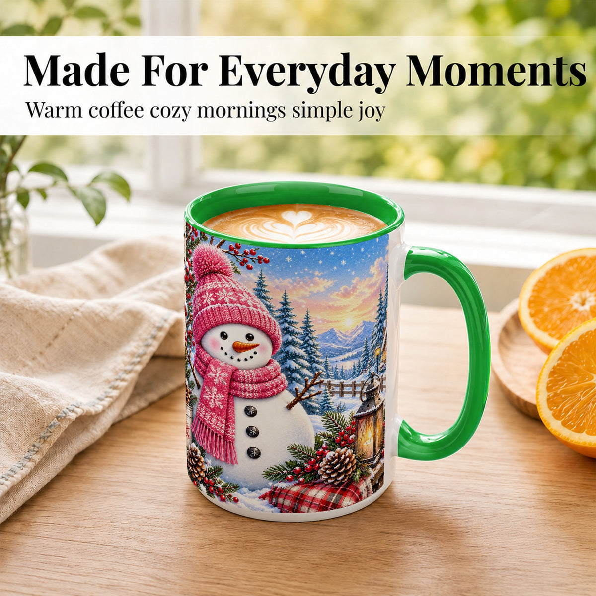 #pl[15oz|Green] Pink Snowman Coffee Mug, Cozy Winter Mug, Ceramic Cup