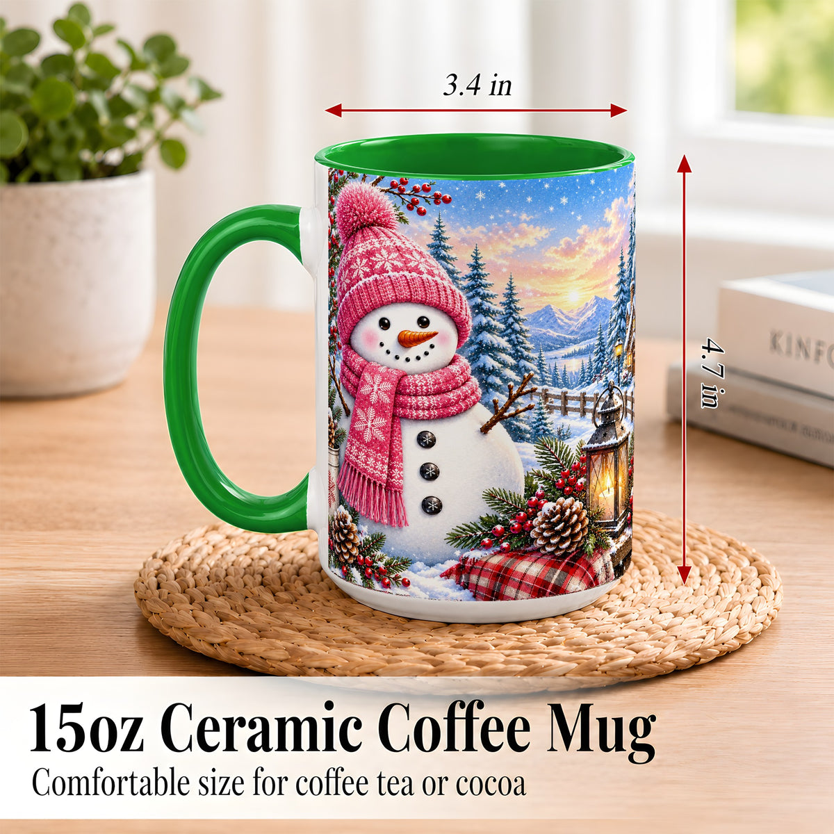#pl[15oz|Green] Pink Snowman Coffee Mug, Cozy Winter Mug, Ceramic Cup