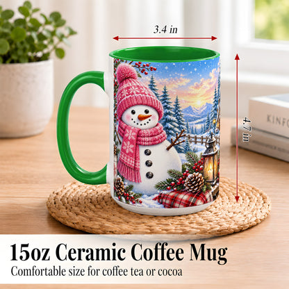 #pl[15oz|Green] Pink Snowman Coffee Mug, Cozy Winter Mug, Ceramic Cup