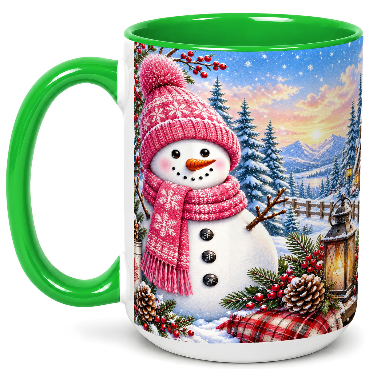 #pl[15oz|Green] Pink Snowman Coffee Mug, Cozy Winter Mug, Ceramic Cup