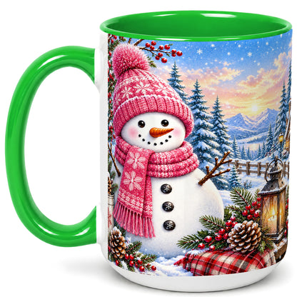 #pl[15oz|Green] Pink Snowman Coffee Mug, Cozy Winter Mug, Ceramic Cup