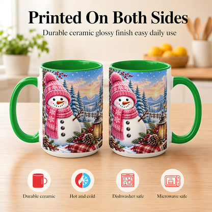 #pl[15oz|Green] Pink Snowman Coffee Mug, Cozy Winter Mug, Ceramic Cup