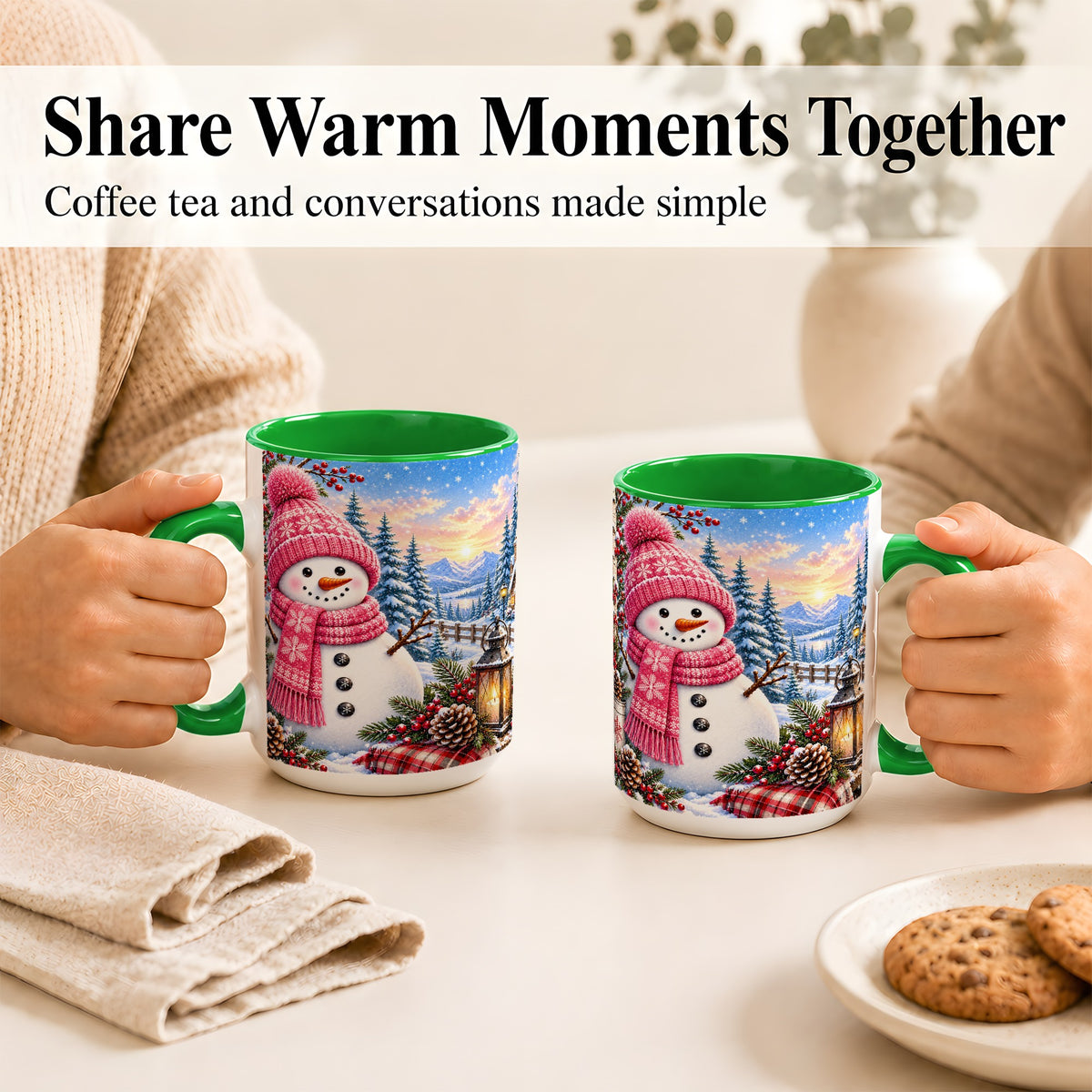 #pl[15oz|Green] Pink Snowman Coffee Mug, Cozy Winter Mug, Ceramic Cup