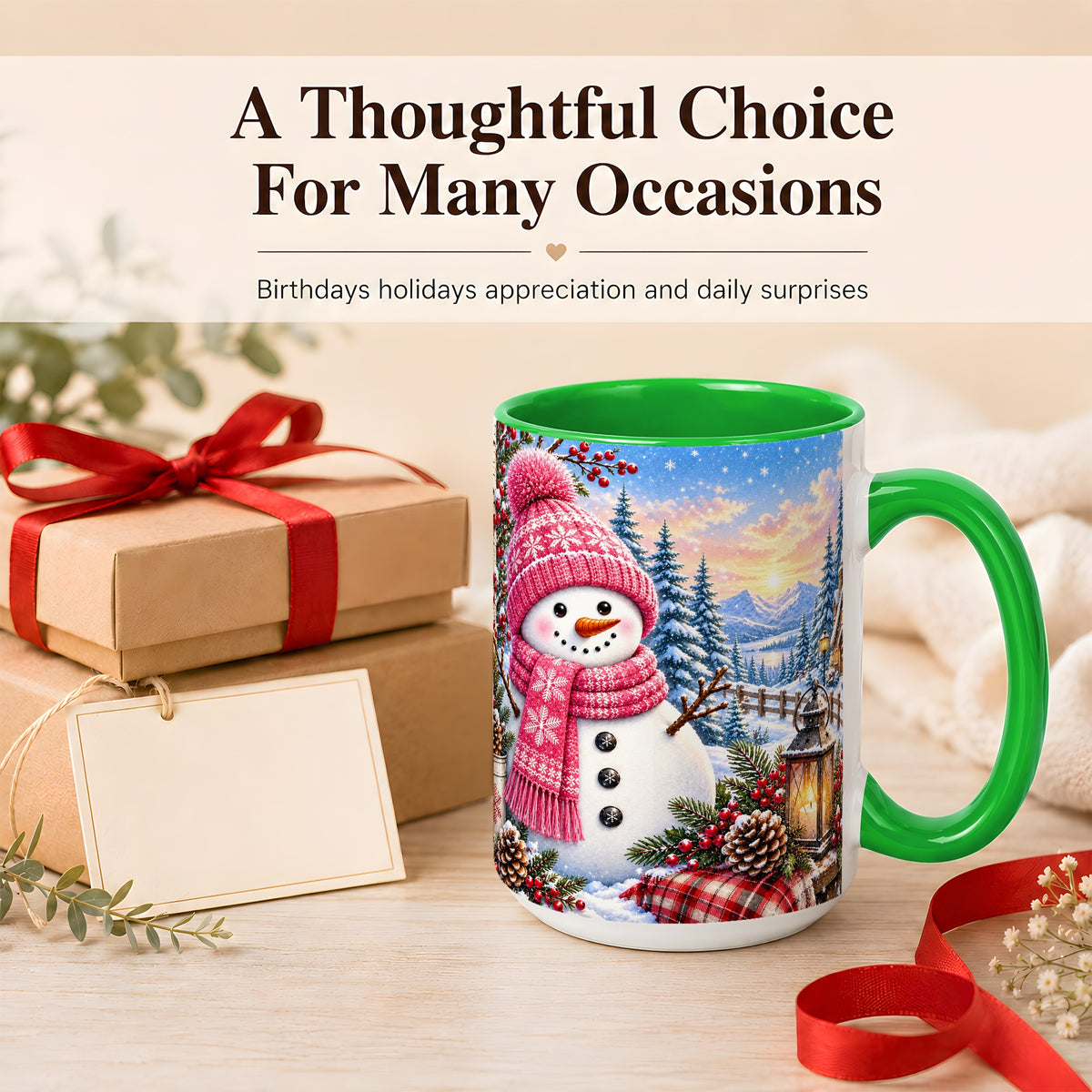 #pl[15oz|Green] Pink Snowman Coffee Mug, Cozy Winter Mug, Ceramic Cup