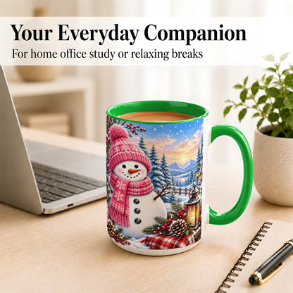 #pl[15oz|Green] Pink Snowman Coffee Mug, Cozy Winter Mug, Ceramic Cup