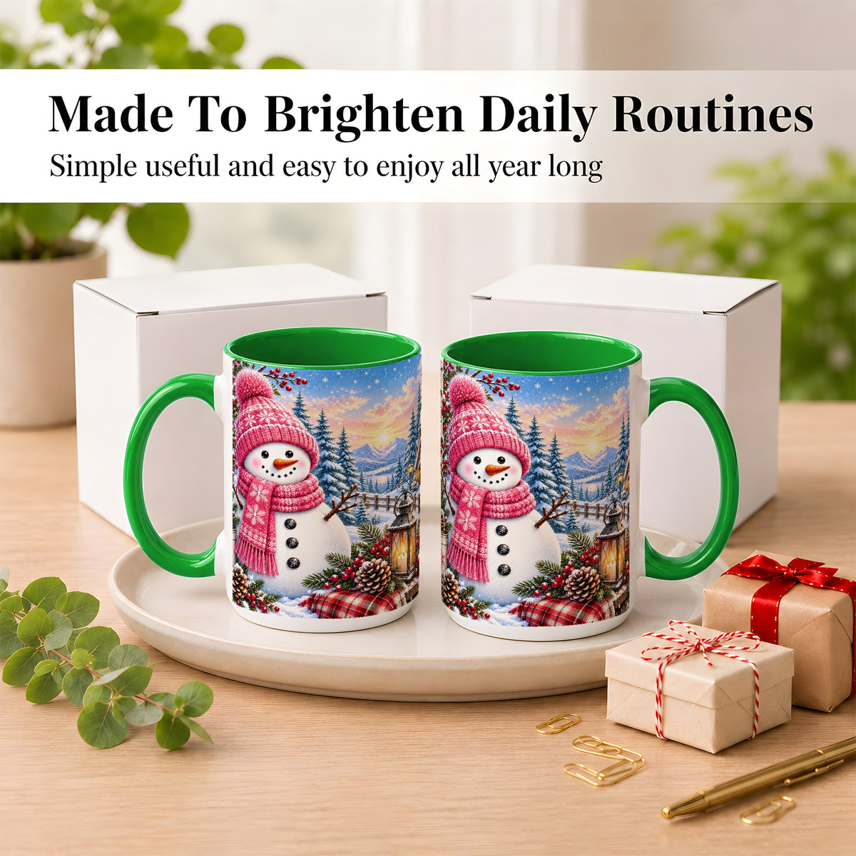 #pl[15oz|Green] Pink Snowman Coffee Mug, Cozy Winter Mug, Ceramic Cup