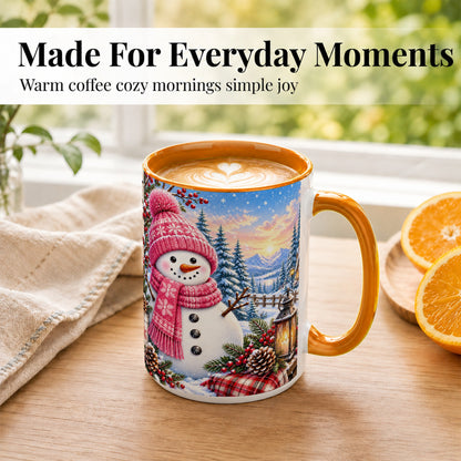 #pl[15oz|Orange] Pink Snowman Coffee Mug, Cozy Winter Mug, Ceramic Cup