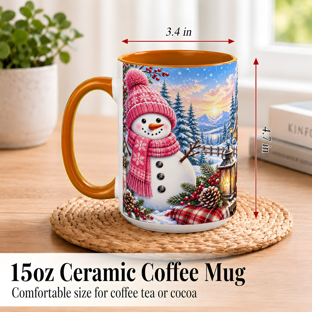 #pl[15oz|Orange] Pink Snowman Coffee Mug, Cozy Winter Mug, Ceramic Cup
