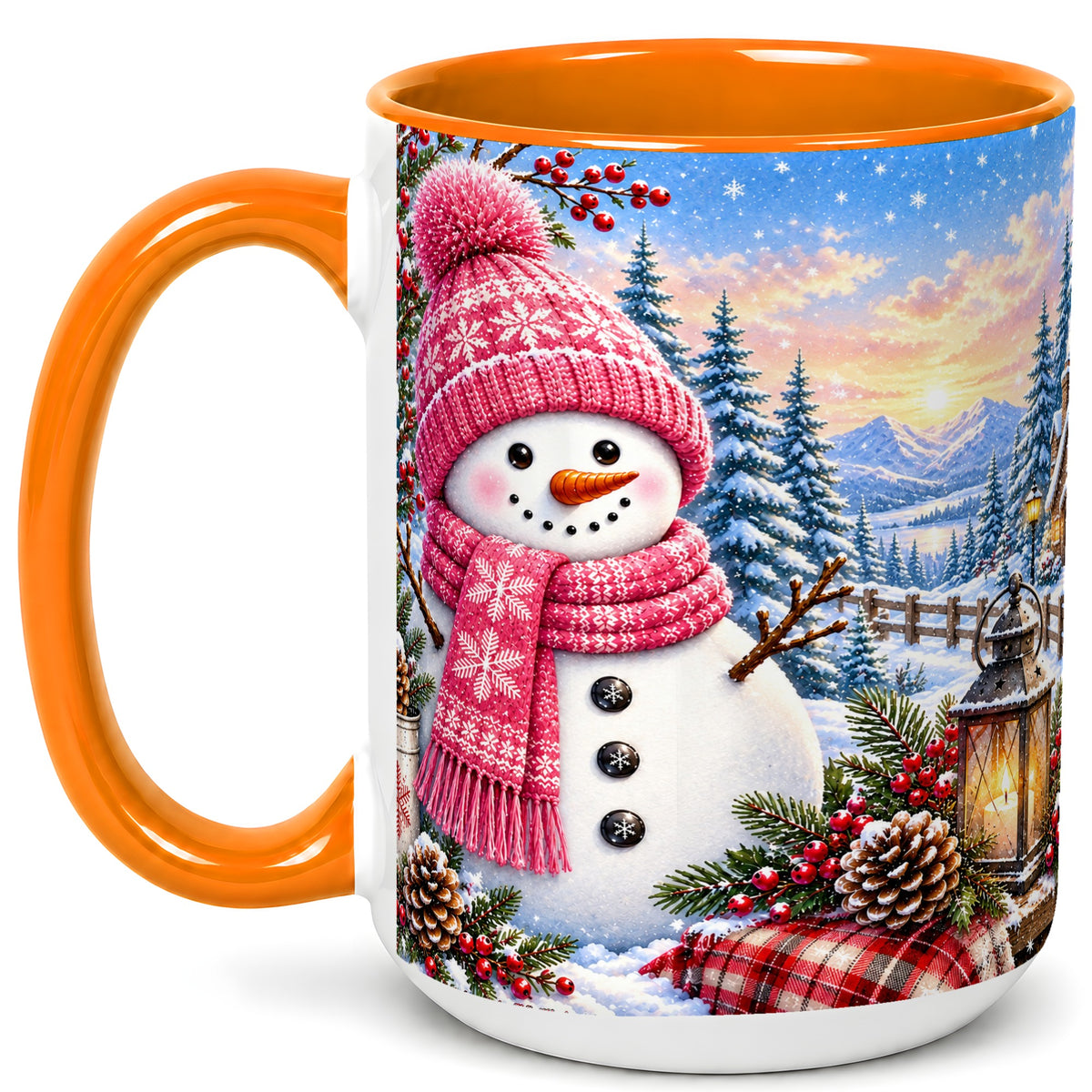 #pl[15oz|Orange] Pink Snowman Coffee Mug, Cozy Winter Mug, Ceramic Cup