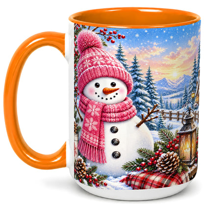 #pl[15oz|Orange] Pink Snowman Coffee Mug, Cozy Winter Mug, Ceramic Cup