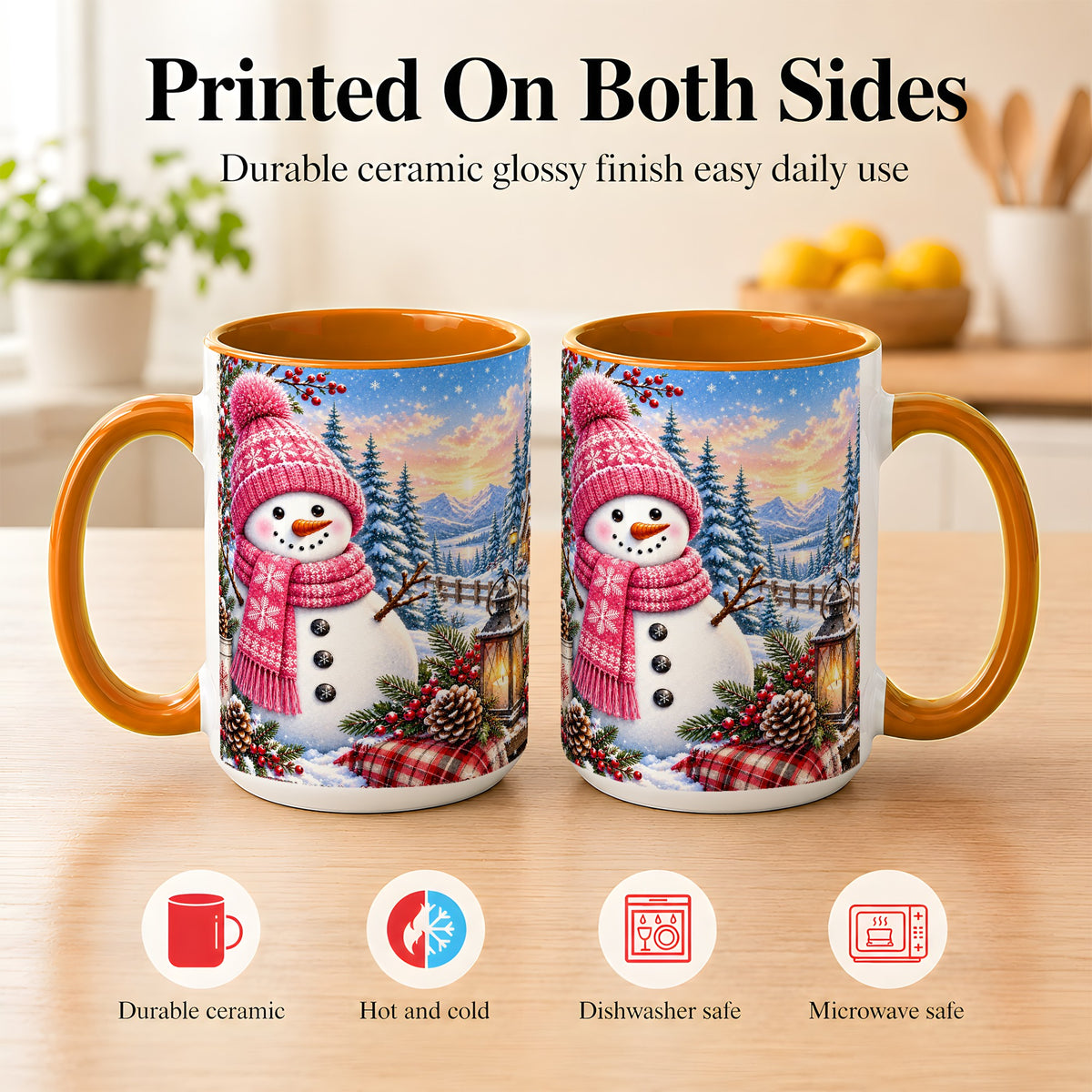 #pl[15oz|Orange] Pink Snowman Coffee Mug, Cozy Winter Mug, Ceramic Cup