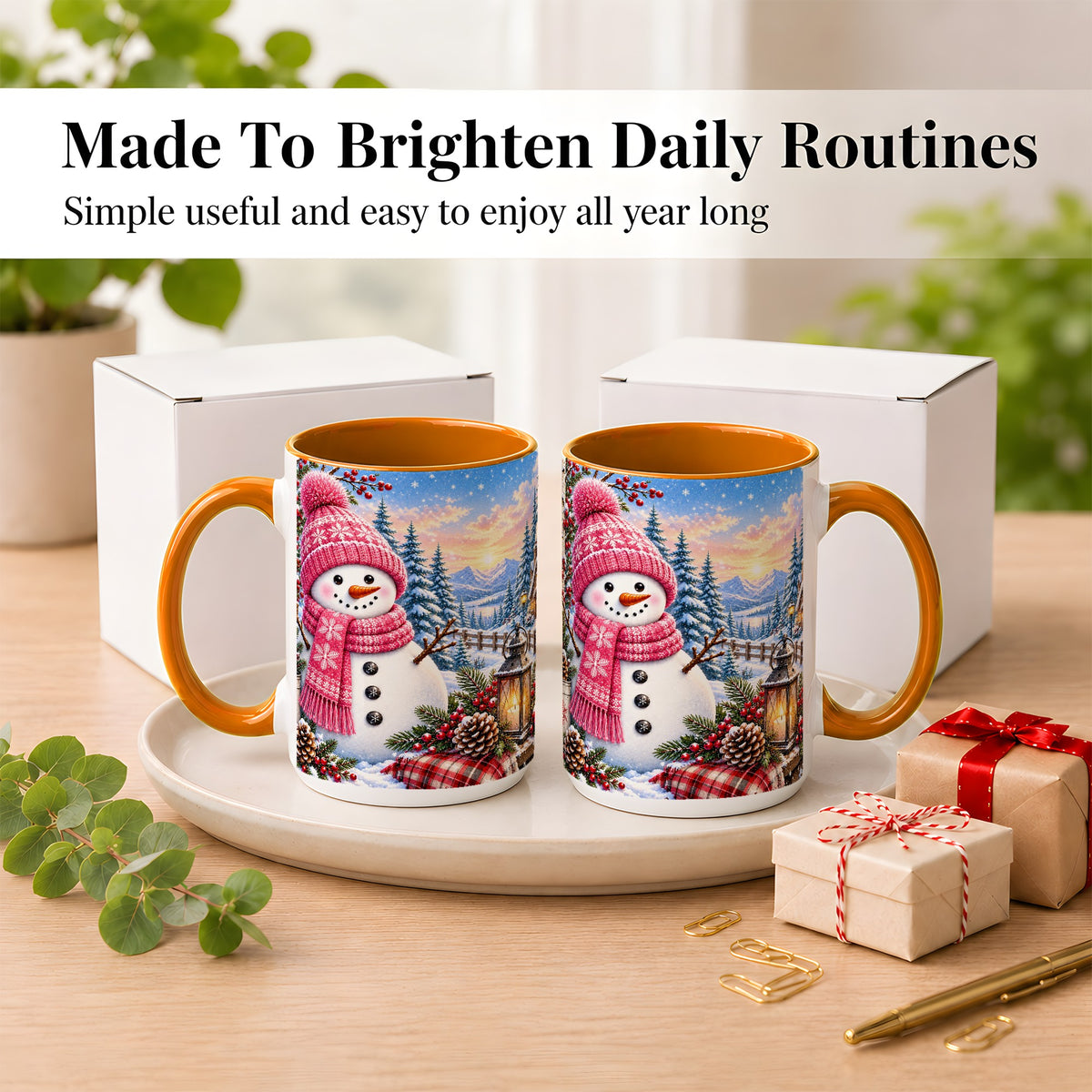 #pl[15oz|Orange] Pink Snowman Coffee Mug, Cozy Winter Mug, Ceramic Cup