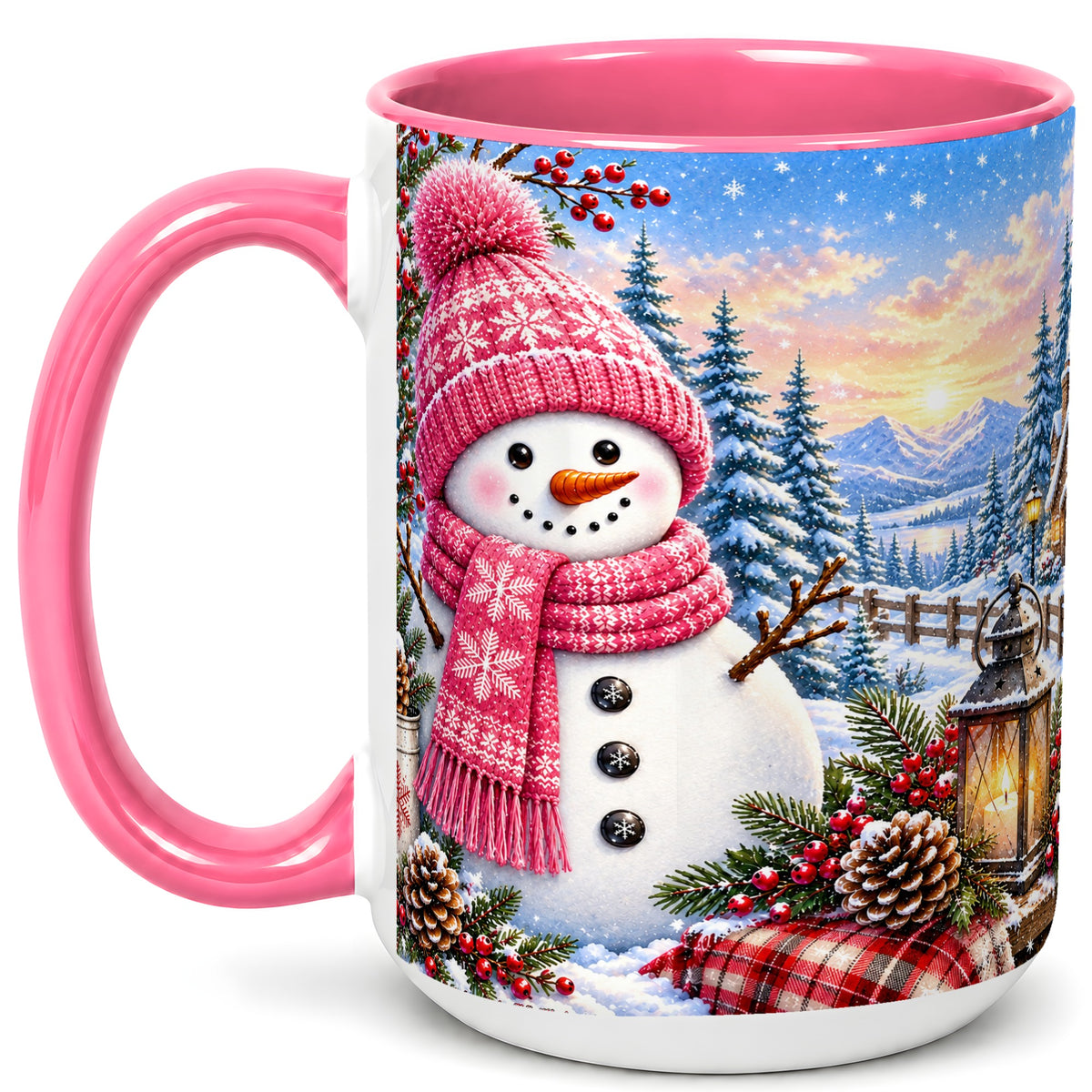 #pl[15oz|Pink] Pink Snowman Coffee Mug, Cozy Winter Mug, Ceramic Cup