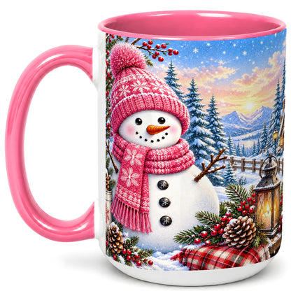 #pl[15oz|Pink] Pink Snowman Coffee Mug, Cozy Winter Mug, Ceramic Cup
