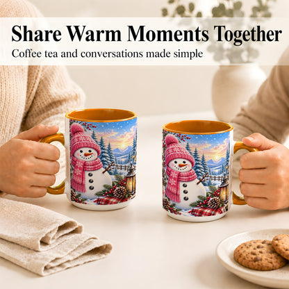 #pl[15oz|Orange] Pink Snowman Coffee Mug, Cozy Winter Mug, Ceramic Cup