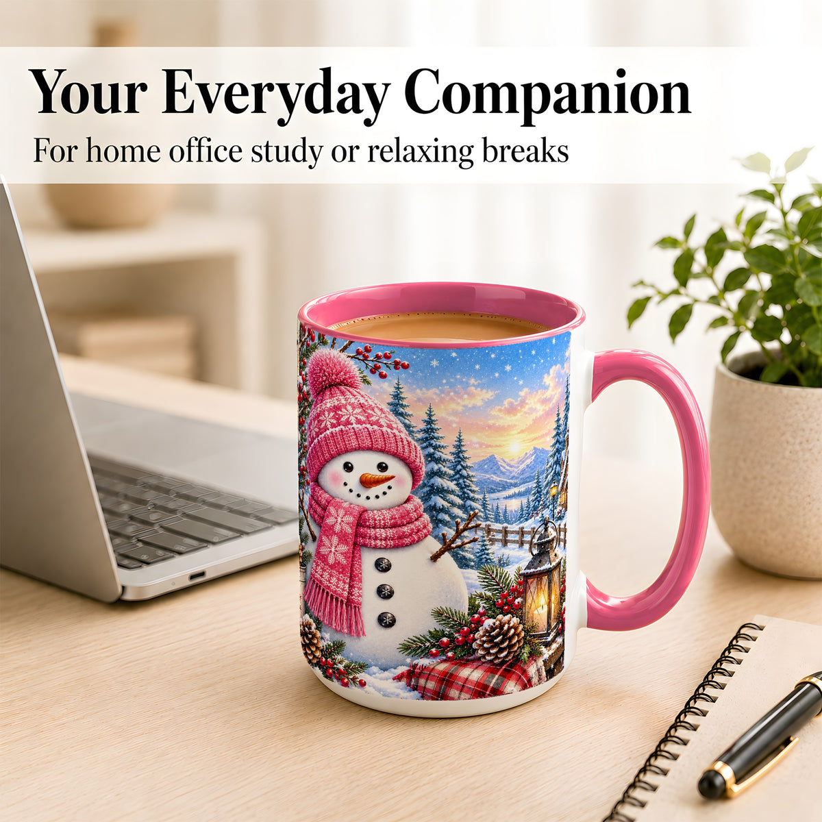 #pl[15oz|Pink] Pink Snowman Coffee Mug, Cozy Winter Mug, Ceramic Cup