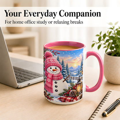 #pl[15oz|Pink] Pink Snowman Coffee Mug, Cozy Winter Mug, Ceramic Cup