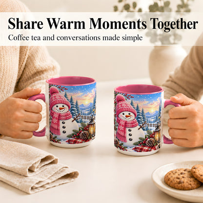 #pl[15oz|Pink] Pink Snowman Coffee Mug, Cozy Winter Mug, Ceramic Cup