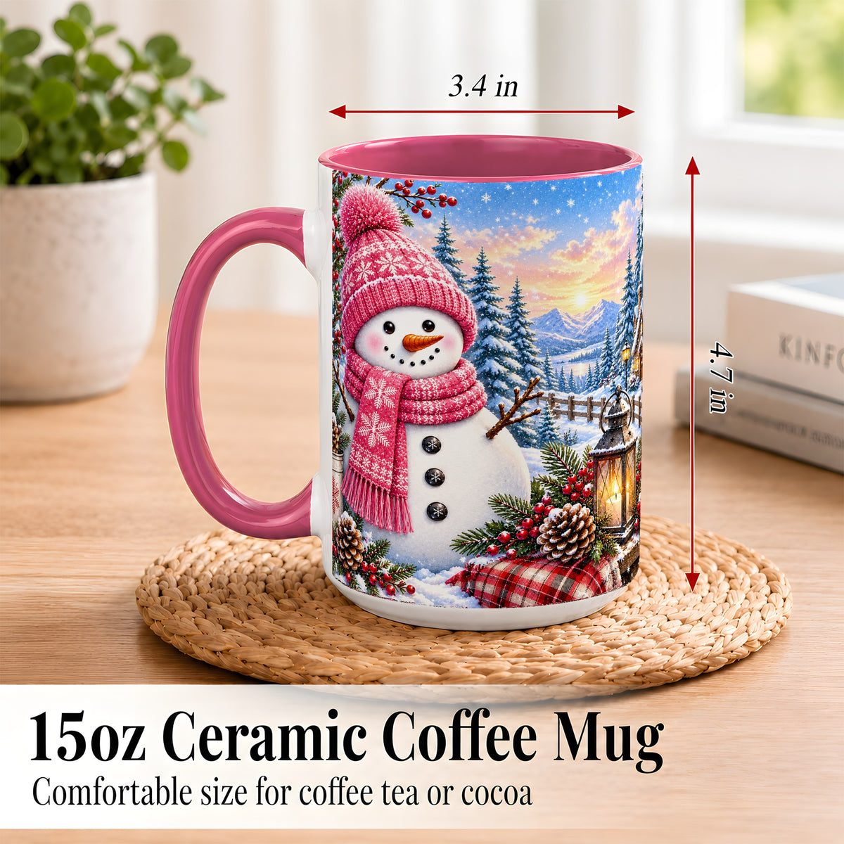 #pl[15oz|Pink] Pink Snowman Coffee Mug, Cozy Winter Mug, Ceramic Cup