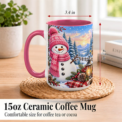 #pl[15oz|Pink] Pink Snowman Coffee Mug, Cozy Winter Mug, Ceramic Cup