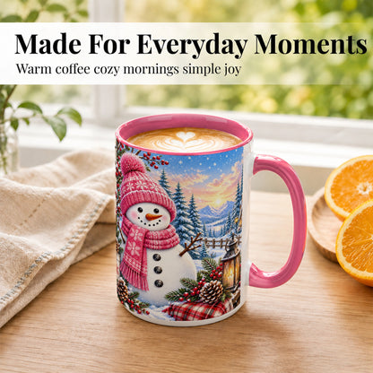 #pl[15oz|Pink] Pink Snowman Coffee Mug, Cozy Winter Mug, Ceramic Cup