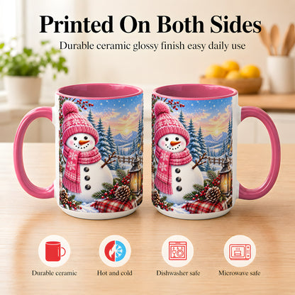 #pl[15oz|Pink] Pink Snowman Coffee Mug, Cozy Winter Mug, Ceramic Cup