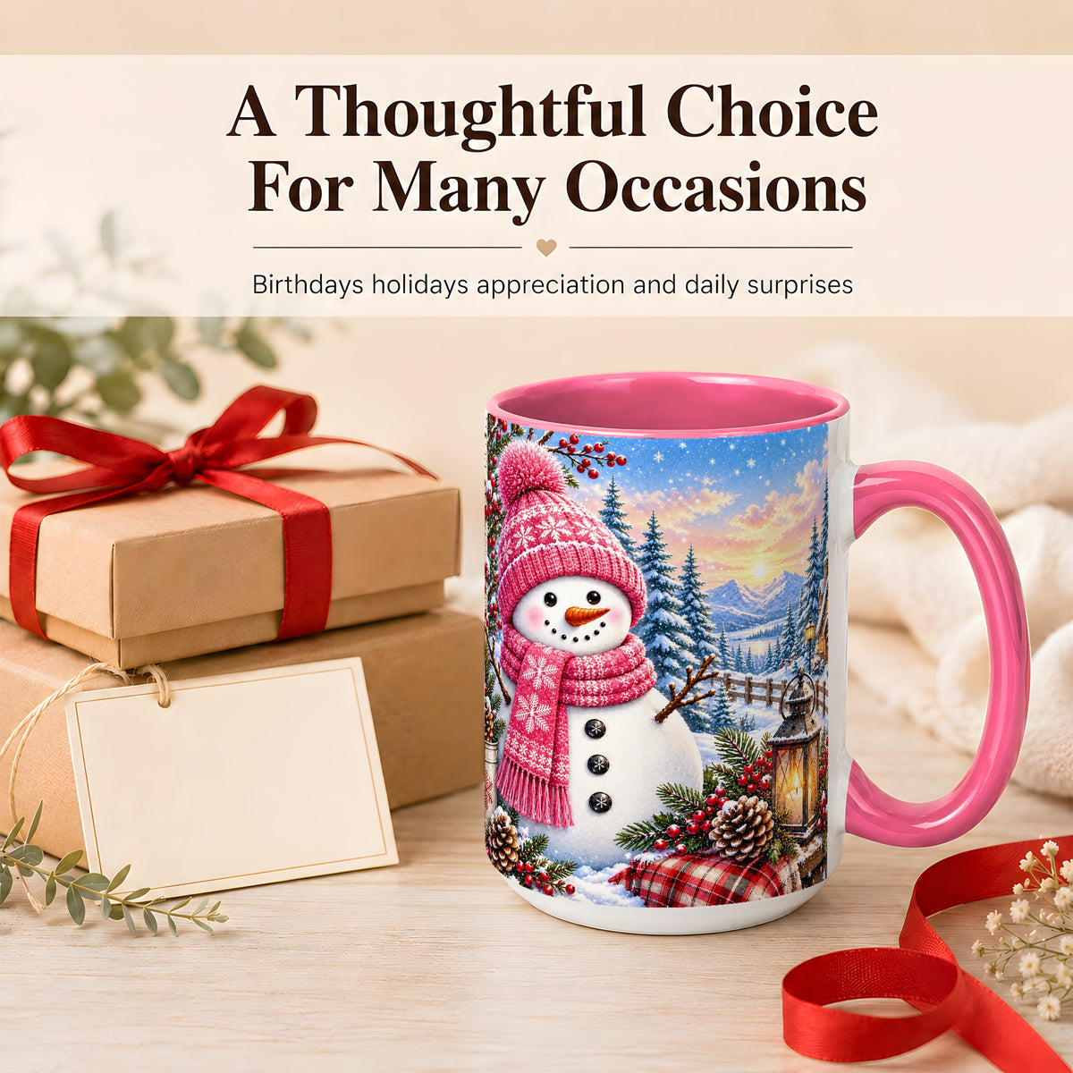 #pl[15oz|Pink] Pink Snowman Coffee Mug, Cozy Winter Mug, Ceramic Cup