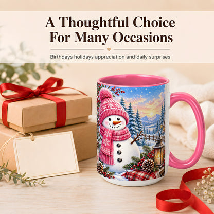 #pl[15oz|Pink] Pink Snowman Coffee Mug, Cozy Winter Mug, Ceramic Cup