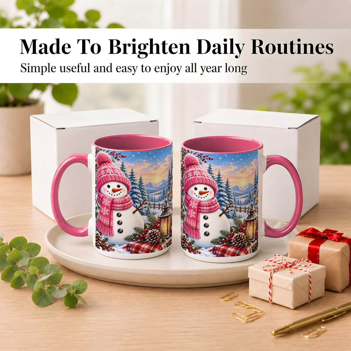 #pl[15oz|Pink] Pink Snowman Coffee Mug, Cozy Winter Mug, Ceramic Cup
