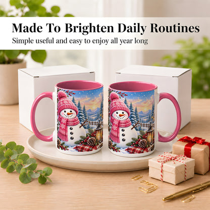 #pl[15oz|Pink] Pink Snowman Coffee Mug, Cozy Winter Mug, Ceramic Cup