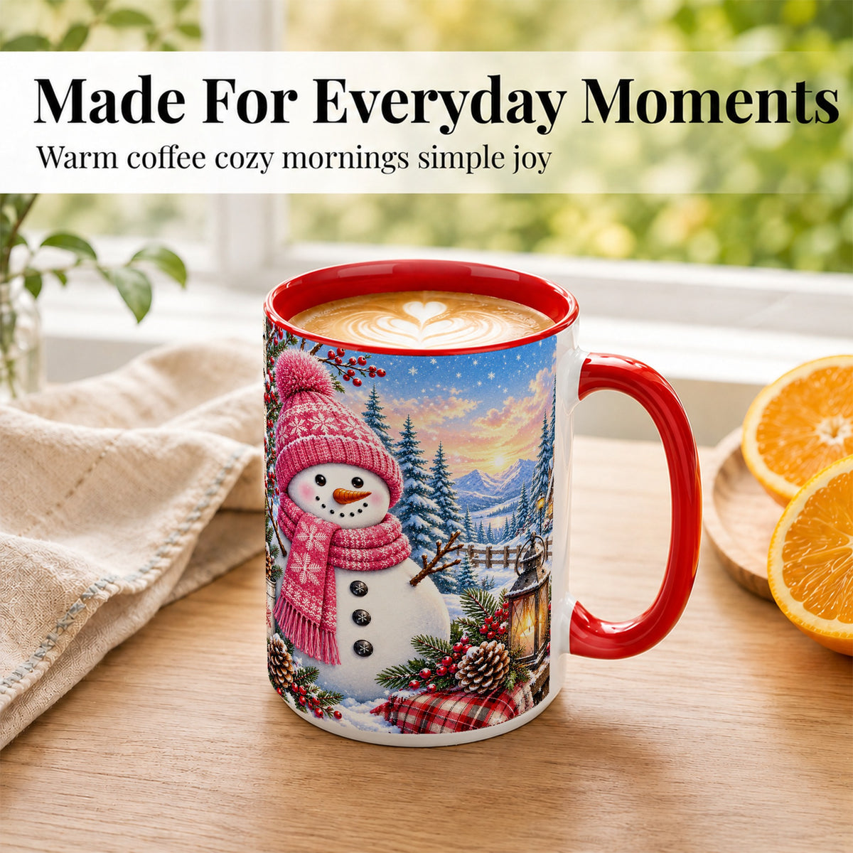 #pl[15oz|Red] Pink Snowman Coffee Mug, Cozy Winter Mug, Ceramic Cup