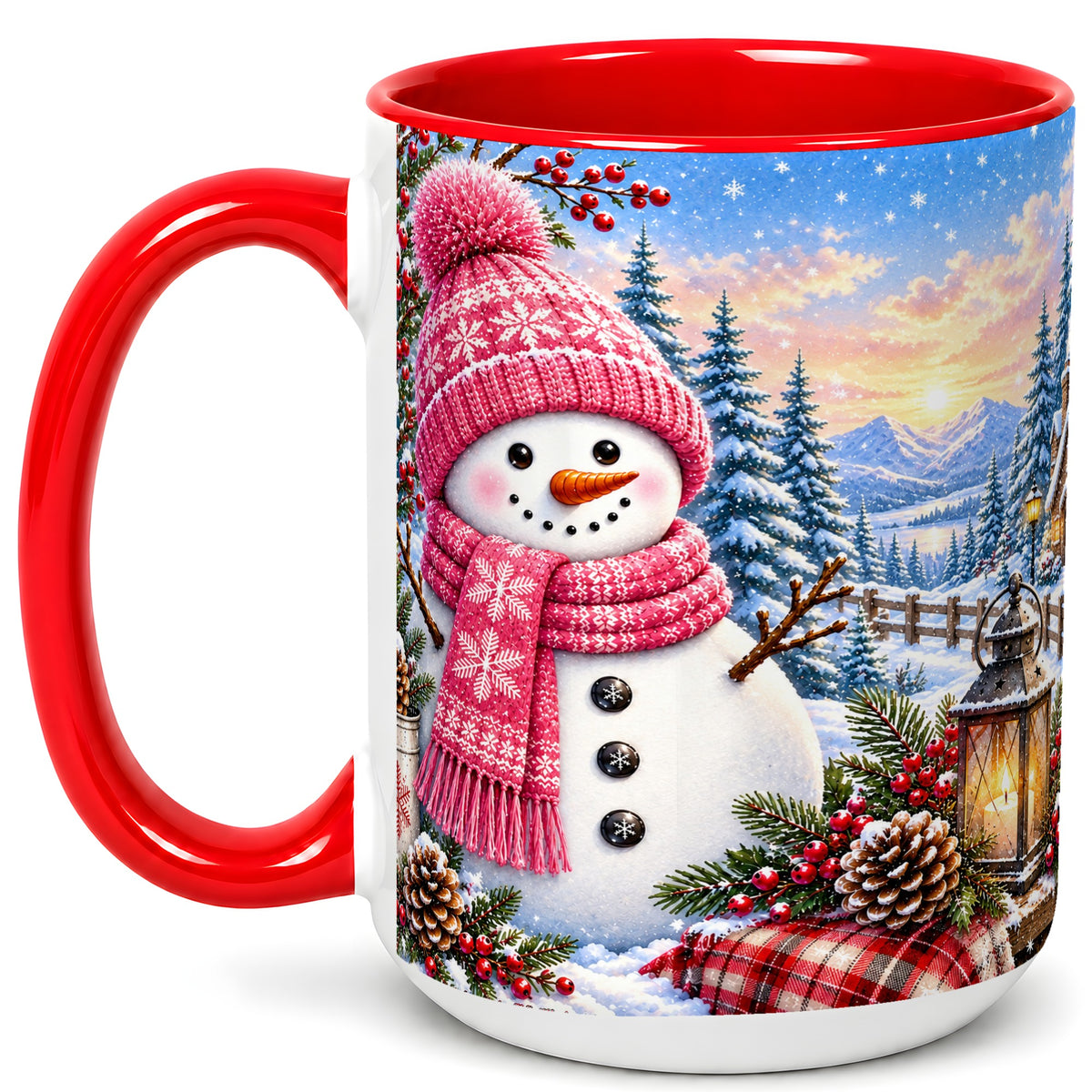 #pl[15oz|Red] Pink Snowman Coffee Mug, Cozy Winter Mug, Ceramic Cup