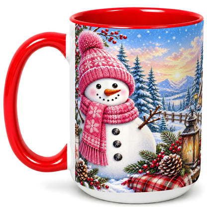 #pl[15oz|Red] Pink Snowman Coffee Mug, Cozy Winter Mug, Ceramic Cup