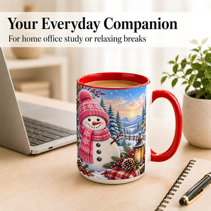 #pl[15oz|Red] Pink Snowman Coffee Mug, Cozy Winter Mug, Ceramic Cup