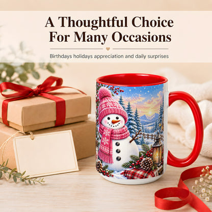 #pl[15oz|Red] Pink Snowman Coffee Mug, Cozy Winter Mug, Ceramic Cup