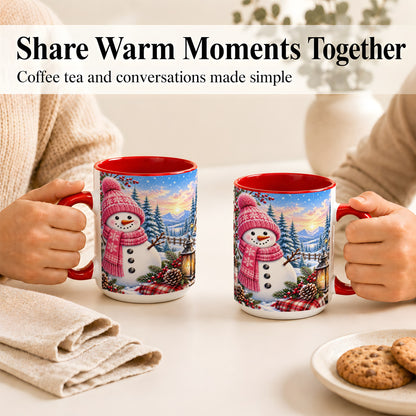 #pl[15oz|Red] Pink Snowman Coffee Mug, Cozy Winter Mug, Ceramic Cup