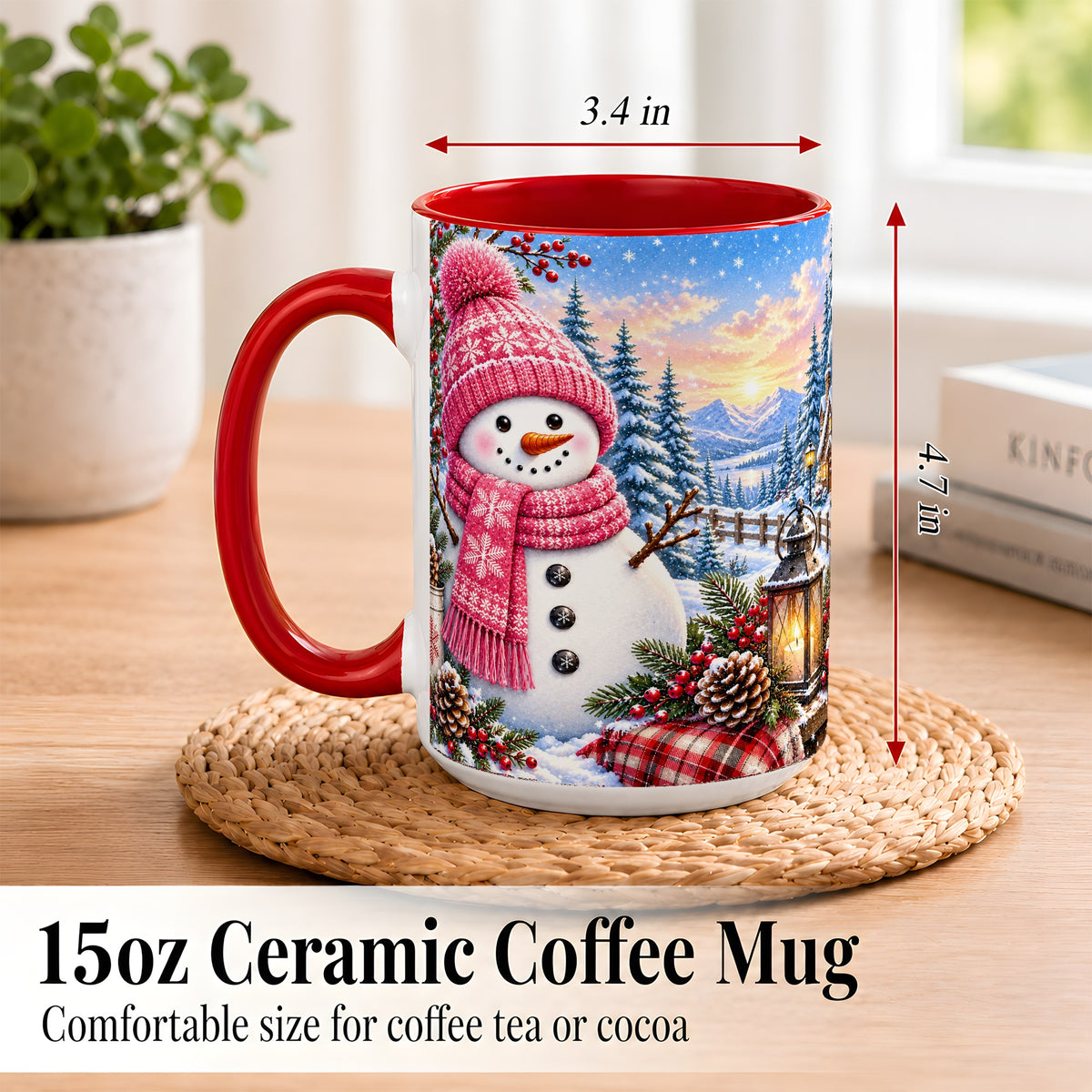 #pl[15oz|Red] Pink Snowman Coffee Mug, Cozy Winter Mug, Ceramic Cup