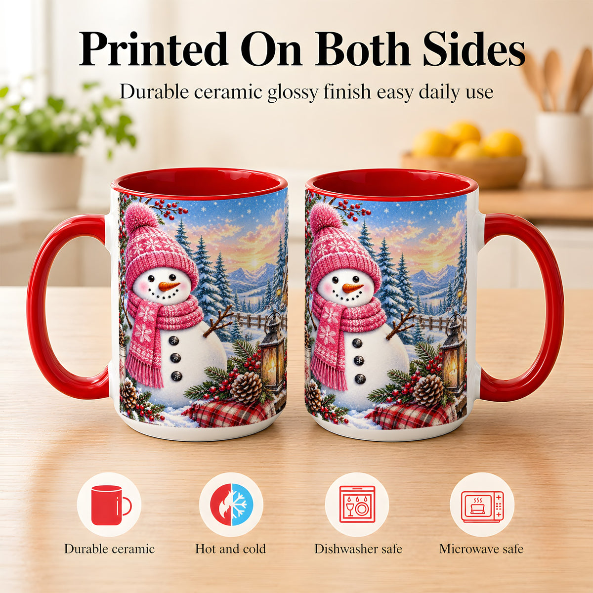 #pl[15oz|Red] Pink Snowman Coffee Mug, Cozy Winter Mug, Ceramic Cup