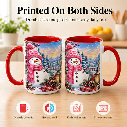 #pl[15oz|Red] Pink Snowman Coffee Mug, Cozy Winter Mug, Ceramic Cup