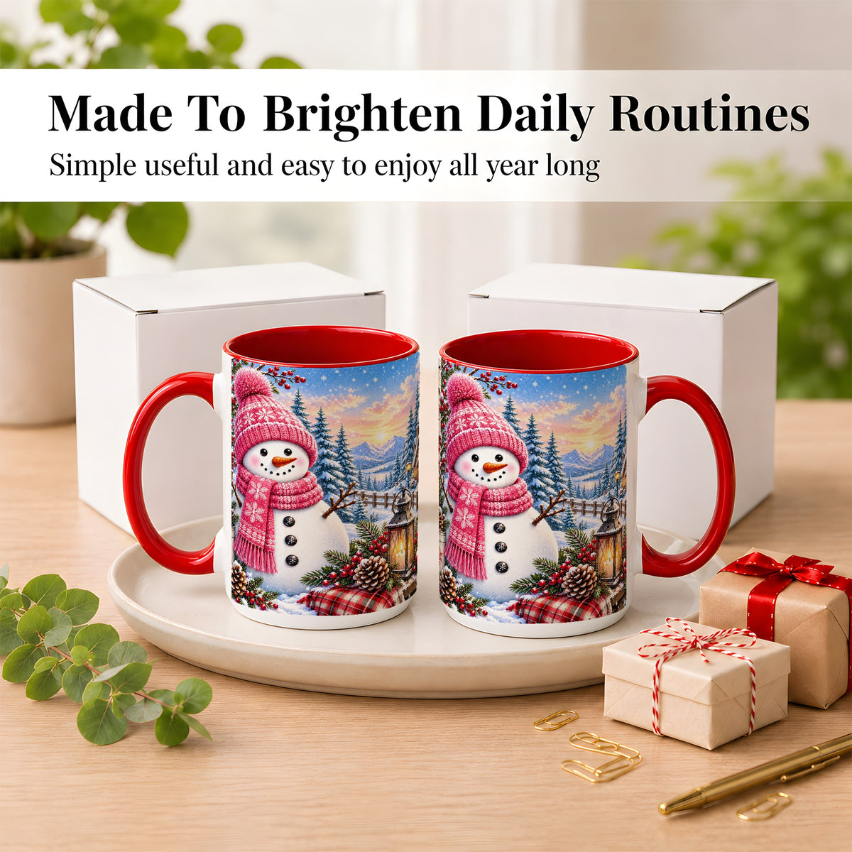 #pl[15oz|Red] Pink Snowman Coffee Mug, Cozy Winter Mug, Ceramic Cup