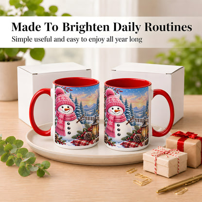 #pl[15oz|Red] Pink Snowman Coffee Mug, Cozy Winter Mug, Ceramic Cup