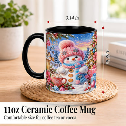 #pl[11oz|Black] Cute Snowman Coffee Mug, Pink Blue Holiday Mug, Ceramic Cup