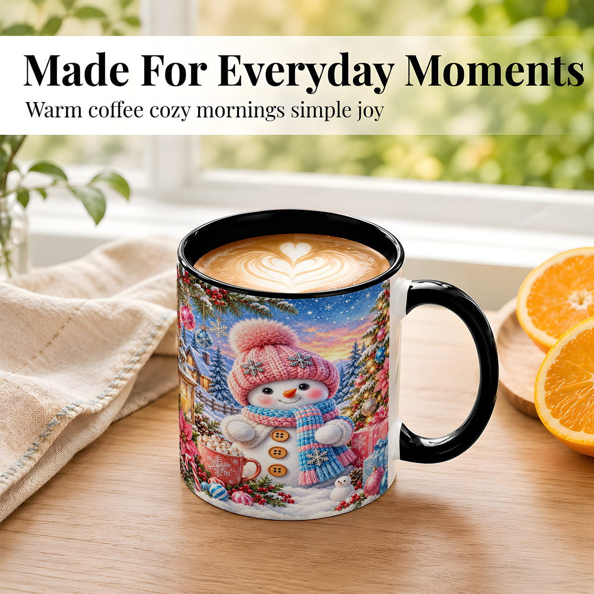 #pl[11oz|Black] Cute Snowman Coffee Mug, Pink Blue Holiday Mug, Ceramic Cup